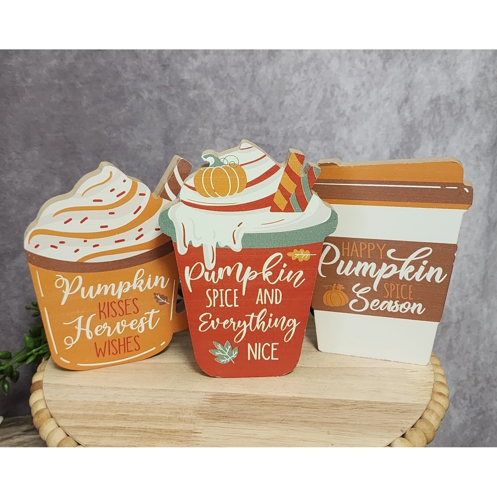 Pumpkin Spice Wood Signs Harvest Wishes Season Latte Coffee Mug Fall Autumn 3 Pc